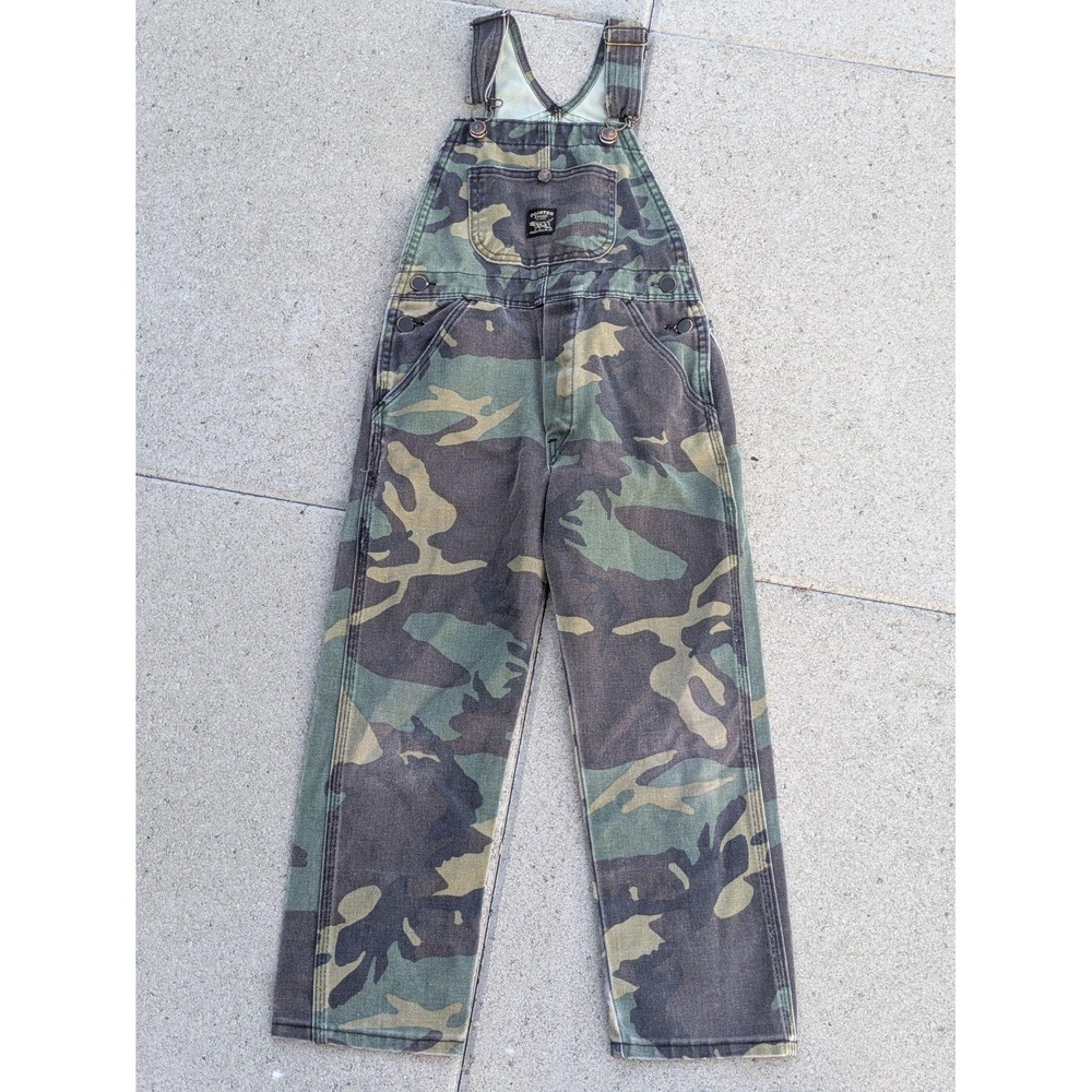 VTG Pointer Brand Overalls Bib Youth XL 28x22 Green Camo Denim Workwear Hunting